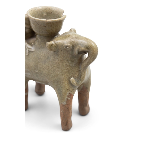 334 - A RARE YUEYAO RIDING ELEPHANT SHAPE LAMP STAND   六朝 越窑青釉骑象灯座   China, Six dynasties (222-589)   H.14... 