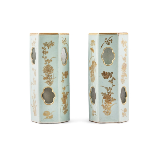 339 - A PAIR OF GILT AND CELADON GLAZED OCTAGONAL VASES, DECORATED WITH LOTUS AND BLOOMING PLUM  清同治 青釉描金开... 