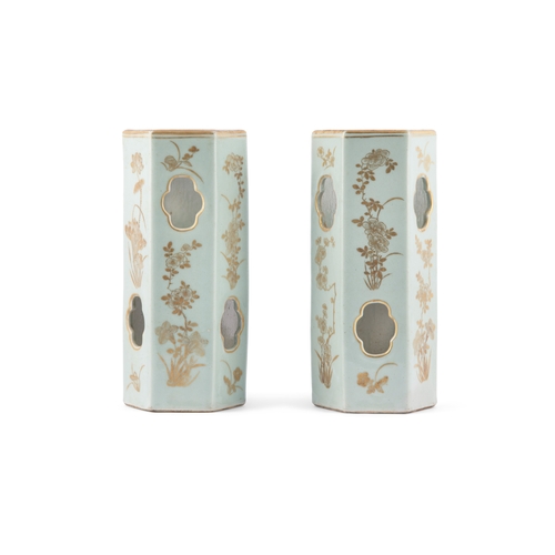 339 - A PAIR OF GILT AND CELADON GLAZED OCTAGONAL VASES, DECORATED WITH LOTUS AND BLOOMING PLUM  清同治 青釉描金开... 