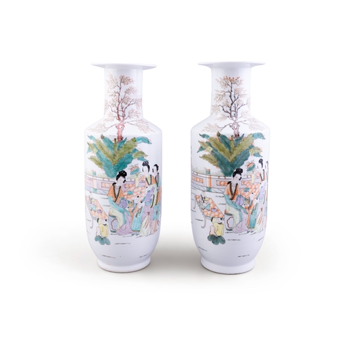 370 - A PAIR OF QIANJIANG CAI PORCELAIN VASES SIGNED FANG JIAZHEN  方家珍款 淺降彩『四妃十六子』瓶一對  China, early 20th c... 