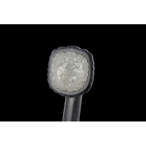 391 - AN ELEGANT WHITE AND BLACK JADE ‘MAPPIE AND PLUM BLOSSOM' SCEPTER RUYI   清代 黑白玉喜上眉梢如意   China, Qing ... 