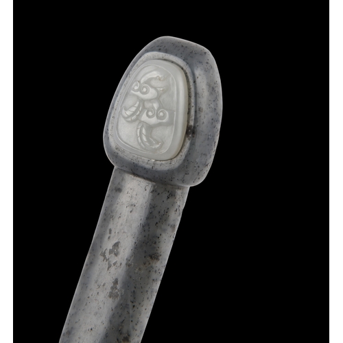 391 - AN ELEGANT WHITE AND BLACK JADE ‘MAPPIE AND PLUM BLOSSOM' SCEPTER RUYI   清代 黑白玉喜上眉梢如意   China, Qing ... 