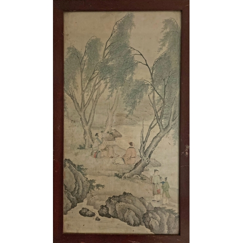 393A - INK AND COLOUR SILK PAINTING 'TWO SCHOLARS AT REST'   清代 绢本设色 文人夏游图   China, Qing dynasty   Framed  ... 