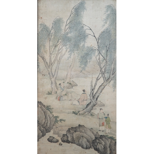 393A - INK AND COLOUR SILK PAINTING 'TWO SCHOLARS AT REST'   清代 绢本设色 文人夏游图   China, Qing dynasty   Framed  ... 