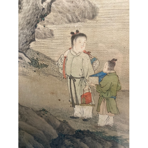 393A - INK AND COLOUR SILK PAINTING 'TWO SCHOLARS AT REST'   清代 绢本设色 文人夏游图   China, Qing dynasty   Framed  ... 