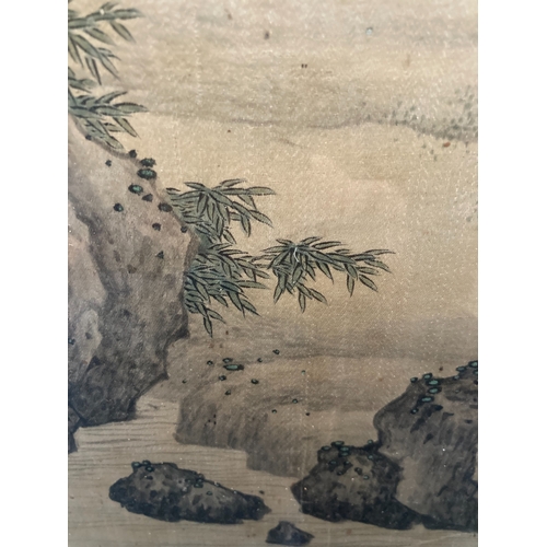 393A - INK AND COLOUR SILK PAINTING 'TWO SCHOLARS AT REST'   清代 绢本设色 文人夏游图   China, Qing dynasty   Framed  ... 