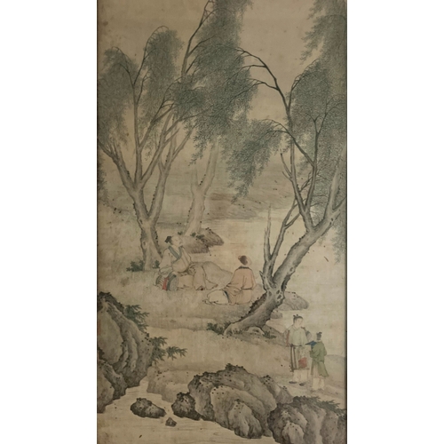 393A - INK AND COLOUR SILK PAINTING 'TWO SCHOLARS AT REST'   清代 绢本设色 文人夏游图   China, Qing dynasty   Framed  ... 