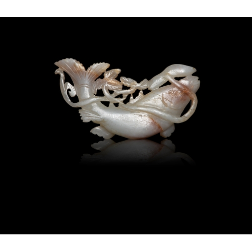 426 - A PALE JADE ‘FISH AND LOTUS’PENDANT  元代 白玉魚蓮珮  China, Yuan dynasty  L.5.4cm