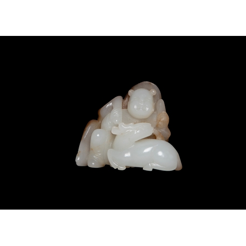 442 - A CELADON AND RUSSET JADE 'BOY AND DEER'  清早 青玉带皮童子与鹿  China, early Qing dynasty  H.4.2cm