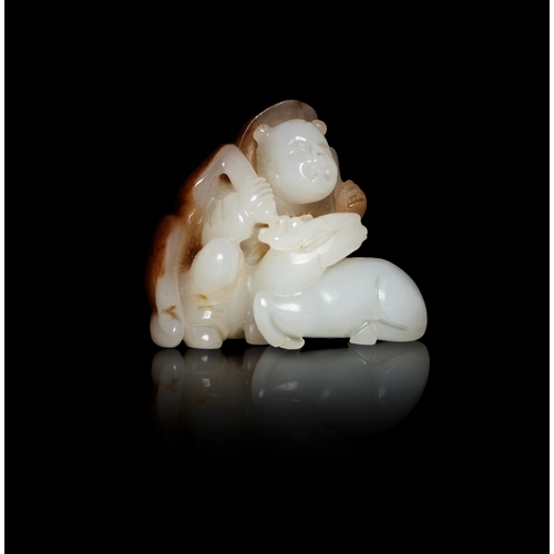 442 - A CELADON AND RUSSET JADE 'BOY AND DEER'  清早 青玉带皮童子与鹿  China, early Qing dynasty  H.4.2cm