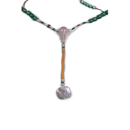 456 - A GREEN JADE, ROSE QUARTZ AND TURQUOISE COURT NECKLACE, CHAOZHU  晚清 青玉、粉晶‘松石朝珠  China, late Qing dyn... 