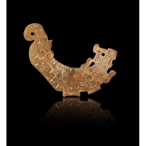 462 - A REDDISH-BROWN CARVED DRAGON JADE HUANG  周代 龙纹玉璜  China, Zhou ( 1046-256 BC)  Length: 12 cm, Width:... 