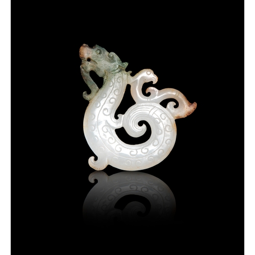 467 - AN ARCHAISTIC WHITE AND PARTLY CALCIFIED CARVED JADE DRAGON PENDANT  明代 仿古白玉龙形佩   China, Ming dynast... 