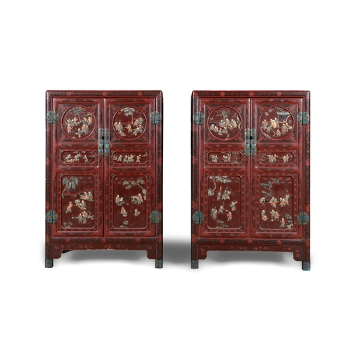 468 - A PAIR OF RED LACQUER AND CLOISONNÉ MOUNTED TWO-DOOR CABINETS,   late Qing, of upright rectangular f... 