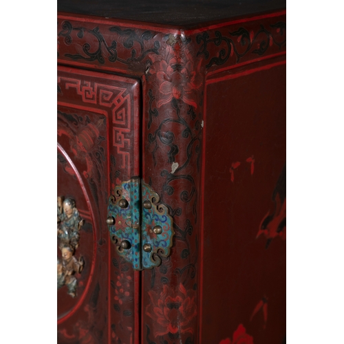 468 - A PAIR OF RED LACQUER AND CLOISONNÉ MOUNTED TWO-DOOR CABINETS,   late Qing, of upright rectangular f... 