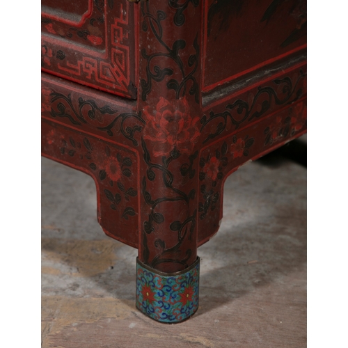 468 - A PAIR OF RED LACQUER AND CLOISONNÉ MOUNTED TWO-DOOR CABINETS,   late Qing, of upright rectangular f... 