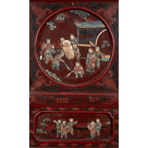 468 - A PAIR OF RED LACQUER AND CLOISONNÉ MOUNTED TWO-DOOR CABINETS,   late Qing, of upright rectangular f... 