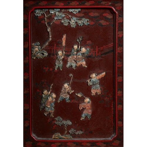 468 - A PAIR OF RED LACQUER AND CLOISONNÉ MOUNTED TWO-DOOR CABINETS,   late Qing, of upright rectangular f... 