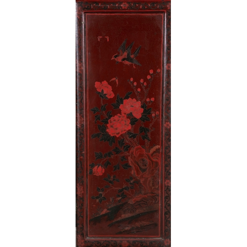 468 - A PAIR OF RED LACQUER AND CLOISONNÉ MOUNTED TWO-DOOR CABINETS,   late Qing, of upright rectangular f... 