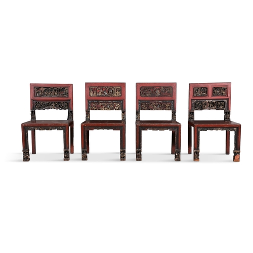 469 - A SET OF FOUR CHINESE RED LACQUER AND GILT-DECORATED SIDE CHAIRS,