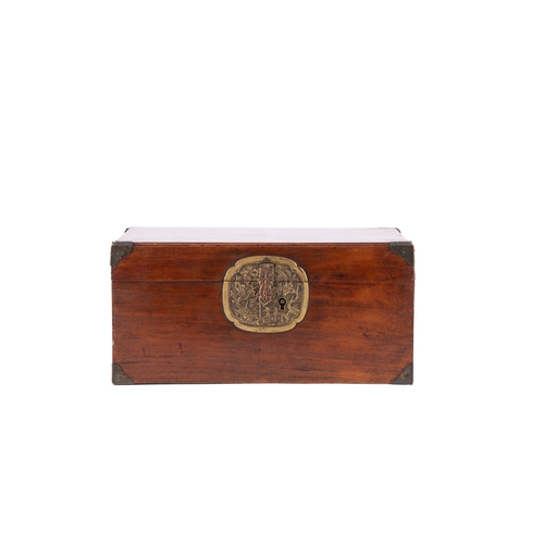 471 - A RECTANGULAR HUANGHUALI JEWLERY BOX WITH GILDING CARVED LANDSCAPE BRASS LOCKPLATE  清代 黄花梨珠宝盒  China... 