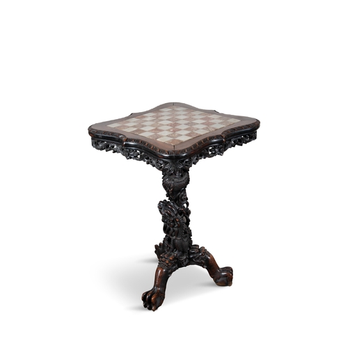 472 - A CARVED HARDWOOD AND MARBLE-TOPPED SQUARE SHAPED CHESS TABLE  19-20 世纪红木嵌红白大理石象棋桌  China, late 19th... 