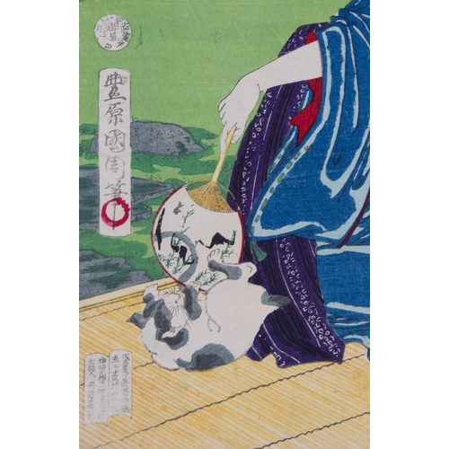 60 - A GROUP OF TWO PRINTS  TOYOHARA KUNICHIKA (1835-1900) Bijin ga playing with a cat  Series Present Da... 