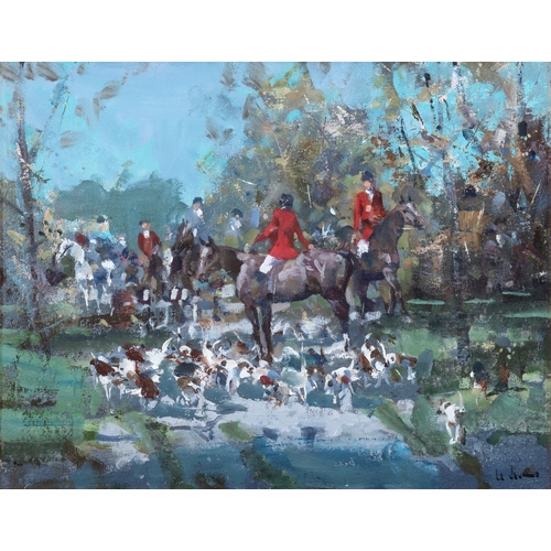 112 - James le Jeune (1910-1983)  Hunting Scene  Oil on board, 34 x 45cm (13¼ x 17¾'')  Signed