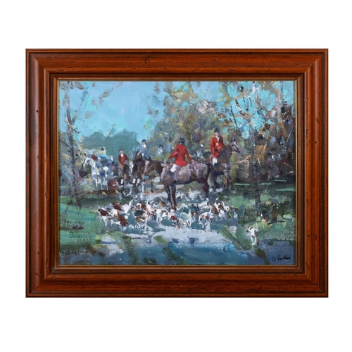 112 - James le Jeune (1910-1983)  Hunting Scene  Oil on board, 34 x 45cm (13¼ x 17¾'')  Signed