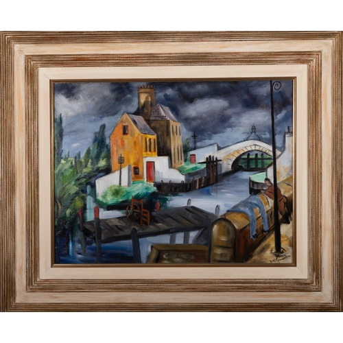 12 - Norah McGuinness HRHA (1901-1980)  Storm in Limerick  Oil on board, 44.5 x 59.5cm (17½ x 23½'') Sign... 