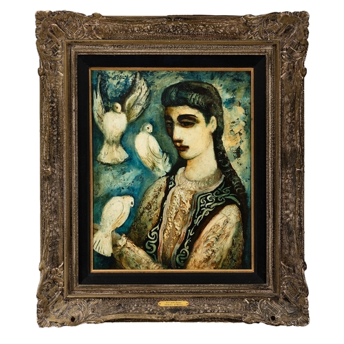 25 - Daniel O'Neill (1920-1974)  Doves and a Girl Oil on board, 51 x 40.5cm (20 x 15¾'') Signed  Exhibite... 