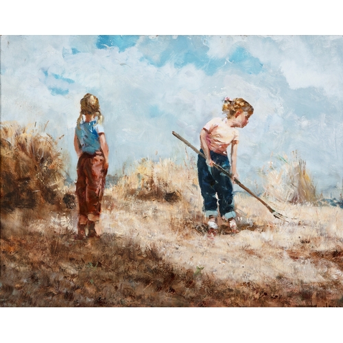 83 - James Le Jeune RHA (1910-1983)  Girls in a Summer Field  Oil on board 40 x 50cm (15 ¾ x 19½”) Signed