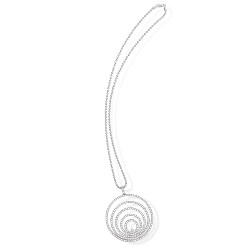 105 - A DIAMOND PENDANT ON CHAIN   Of openwork design, composed of graduated concentric hoops, pavé-set wi... 