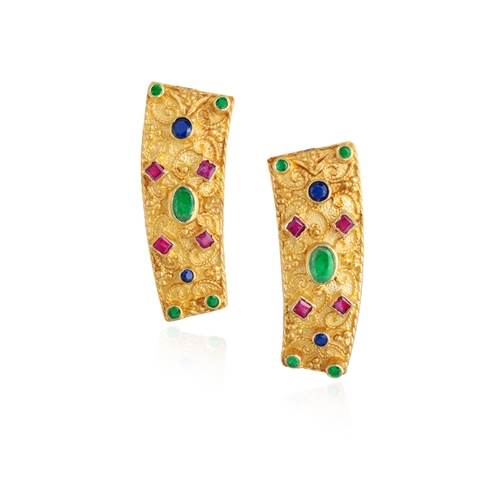 121 - A PAIR OF GEM-SET EARRINGS  Each tapered plaque, applied with granulation and filigree detailing, fu... 