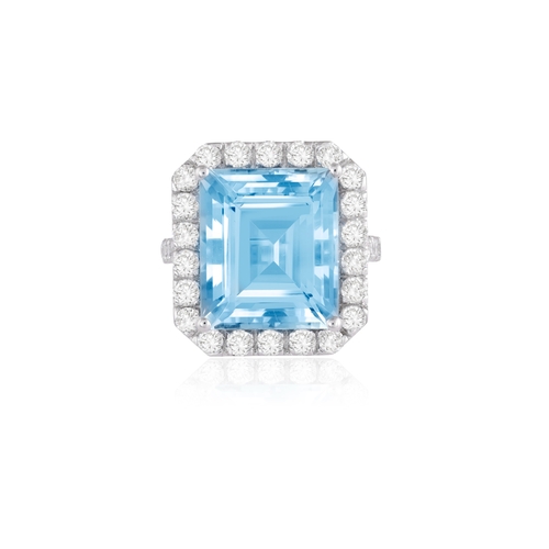 129 - AN AQUAMARINE AND DIAMOND DRESS RING  The rectangular-cut aquamarine weighing 10.56cts, within a bri... 