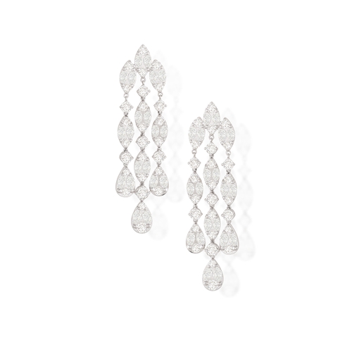 132 - DAVID MORRIS: A PAIR OF DIAMOND PENDENT EARRINGS  Of chandelier-design, each composed of marquise-sh... 