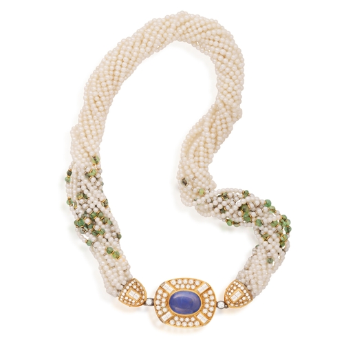 139 - BULGARI: A SEED PEARL AND GEM-SET TORSADE NECKLACE, CIRCA 1985-90  Composed of a multi-strand seed p... 