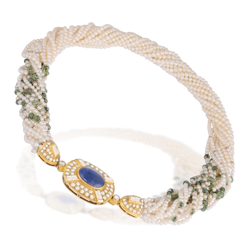 139 - BULGARI: A SEED PEARL AND GEM-SET TORSADE NECKLACE, CIRCA 1985-90  Composed of a multi-strand seed p... 