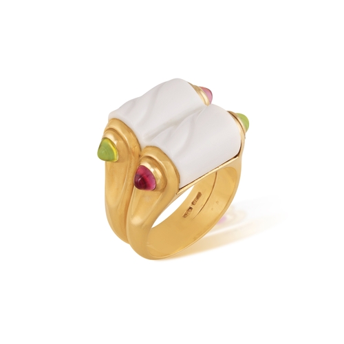 155 - BULGARI: A PORCELAIN AND GEM-SET 'CHANDRA' RING  The central carved white porcelain, between green p... 