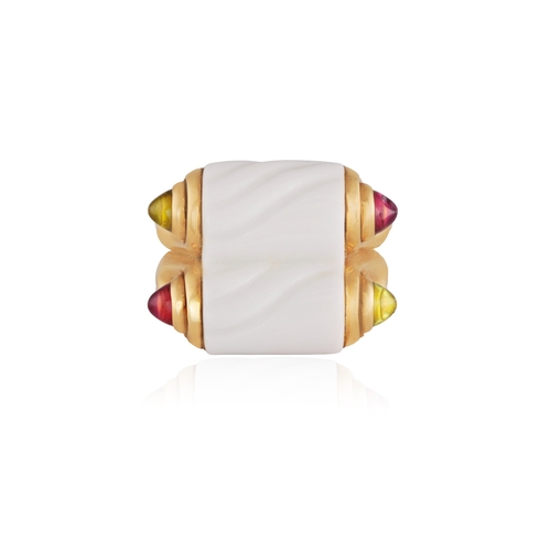 155 - BULGARI: A PORCELAIN AND GEM-SET 'CHANDRA' RING  The central carved white porcelain, between green p... 