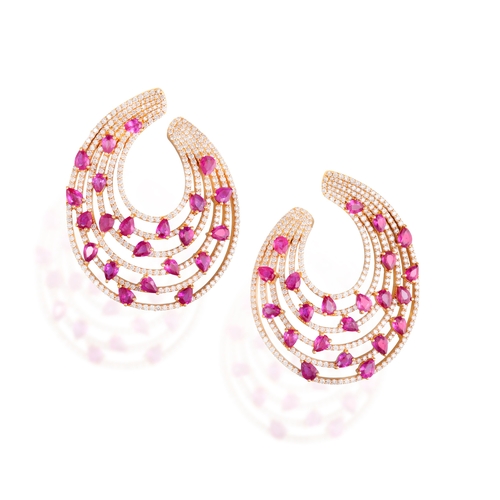 162 - A PAIR OF RUBY AND DIAMOND EARRINGS  Each composed of five graduated concentric hoops, pavé-set with... 