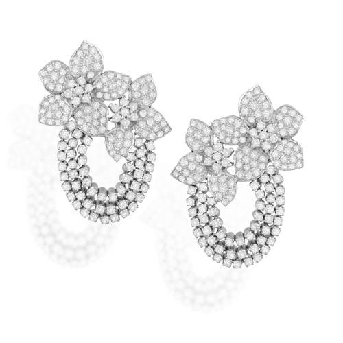 165 - A PAIR OF DIAMOND PENDENT EARRINGS   Each designed as flowers, pavé-set with brilliant-cut diamonds,... 