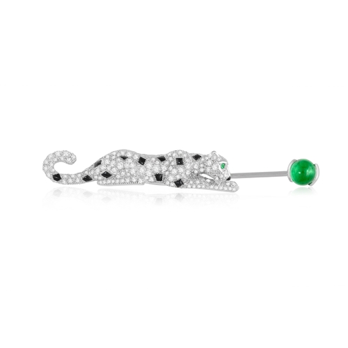 168 - CARTIER: AN EMERALD, DIAMOND AND ONYX 'PANTHÈRE' JABOT PIN, CIRCA 2005

Designed as a panther, pavé-... 