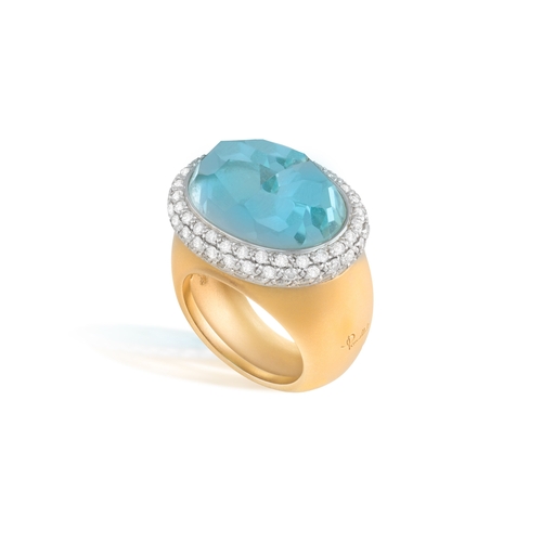 173 - POMELLATO: A BLUE TOPAZ AND DIAMOND 'ICEBERG' DRESS RING  The oval mixed-cut blue topaz within colle... 