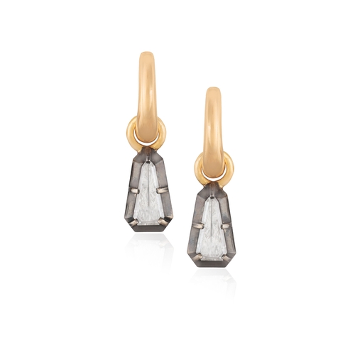 181 - A PAIR OF DIAMOND EARRINGS  Each polished hoop suspending a fancy-shaped tapered diamond, set in an ... 