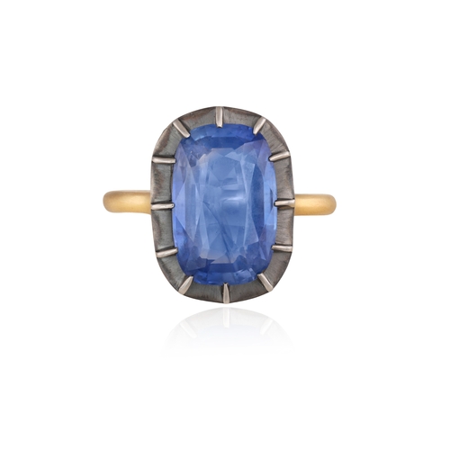 182 - A SAPPHIRE DRESS RING  Of Georgian style, the elongated cushion-shaped sapphire weighing 6.42cts, wi... 