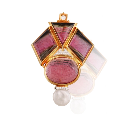 187 - ELIZABETH GAGE: A WATERMELON TOURMALINE, CULTURED PEARL AND DIAMOND BROOCH, LONDON, CIRCA 1995  The ... 