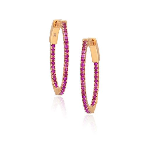 188 - A PAIR OF RUBY HOOP EARRINGS  Each of hoop design, set to the front and interior with circular-cut r... 