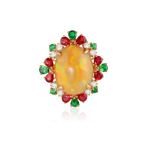 193 - AN OPAL AND GEM-SET COCKTAIL RING  The oval-shaped opal cabochon at the centre weighing approximatel... 