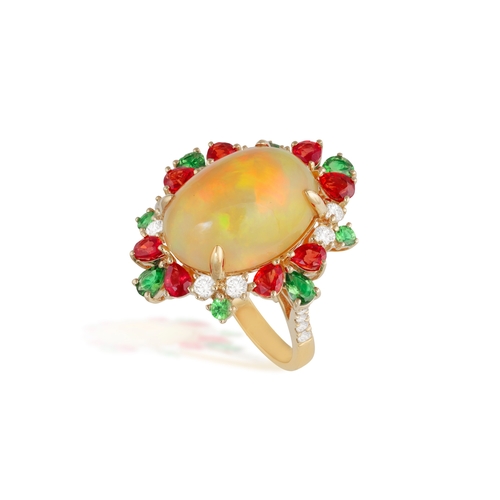 193 - AN OPAL AND GEM-SET COCKTAIL RING  The oval-shaped opal cabochon at the centre weighing approximatel... 